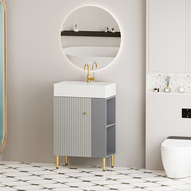 Meuble-lavabo à tablettes ouvertes de 21,6 po avec lavabo en céramique et porte à fermeture douce, armoire de rangement à tablettes ouvertes sur le côté droit, assemblage requis