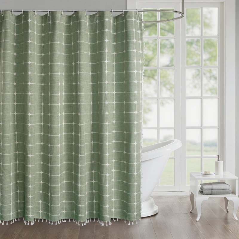 Rideau de douche géométrique à motif géométrique en lin avec crochets Boho, Sauge
