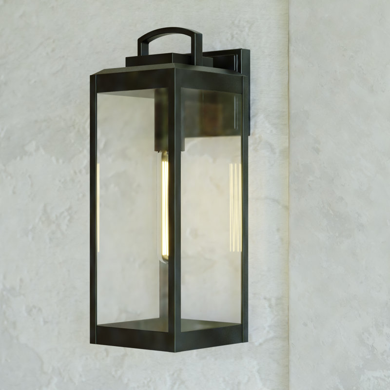 Applique murale d'extérieur de style crépuscule à l'aube à 1 lumière H 19 po Haviland, acier durable, abat-jour en verre transparent, compatible DEL pour porte de patio ou de garage