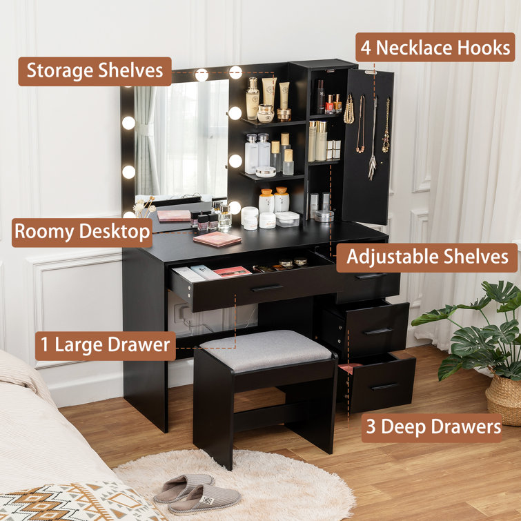 Makeup Vanity With Lighted Mirror, Vanity Desk With 4 Drawers And Open  Shelves For Bedroom, Black