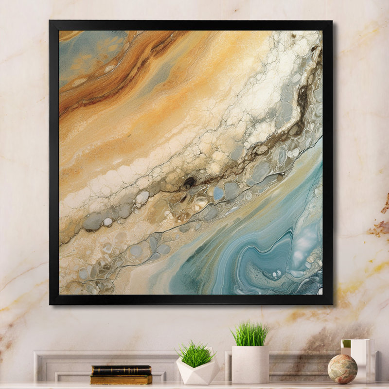 Beige bleu turquoise Symphony - impressions sur toile abstraites, H 24 po x l 24 po x P 1 po, Cadre simple noir