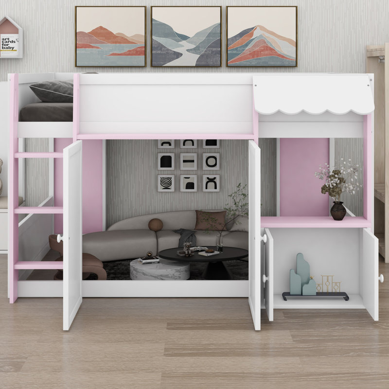 Lit Modern House avec rangement, Blanc + rose