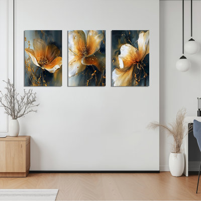 «Golden Floral», reproduction d'art sur toile tendue sur toile abstraite (ensemble de 3)