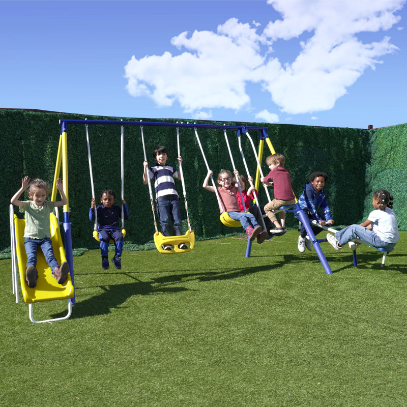 Blue and Yellow Metal Swing Set with Slide and Glider