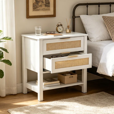Table de chevet boho en rotin 36,8 po, table de chevet 2 tiroirs en MDF avec tablette de rangement ouverte, finition blanche