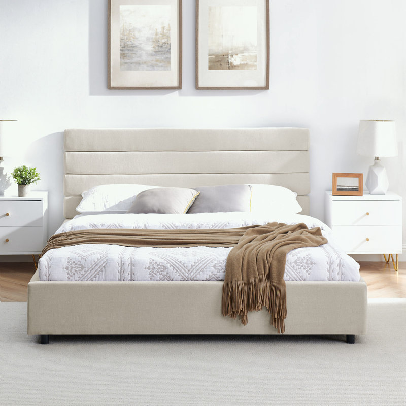 Grand lit matelassé à quatre tiroirs, Beige