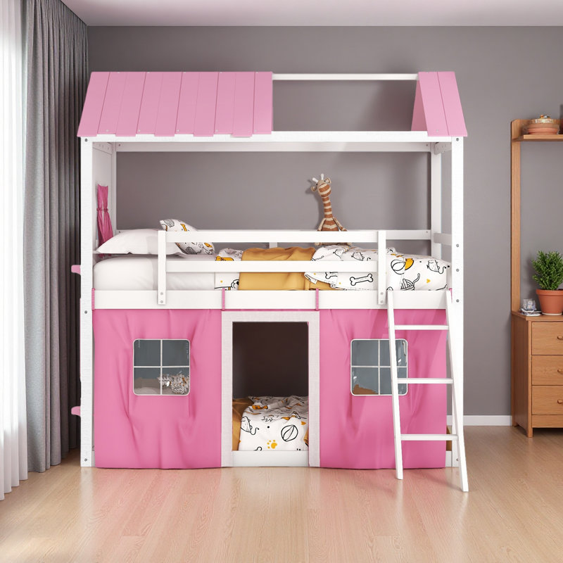 Bunk Wood House Bed With Elegant Windows, Sills And Tent