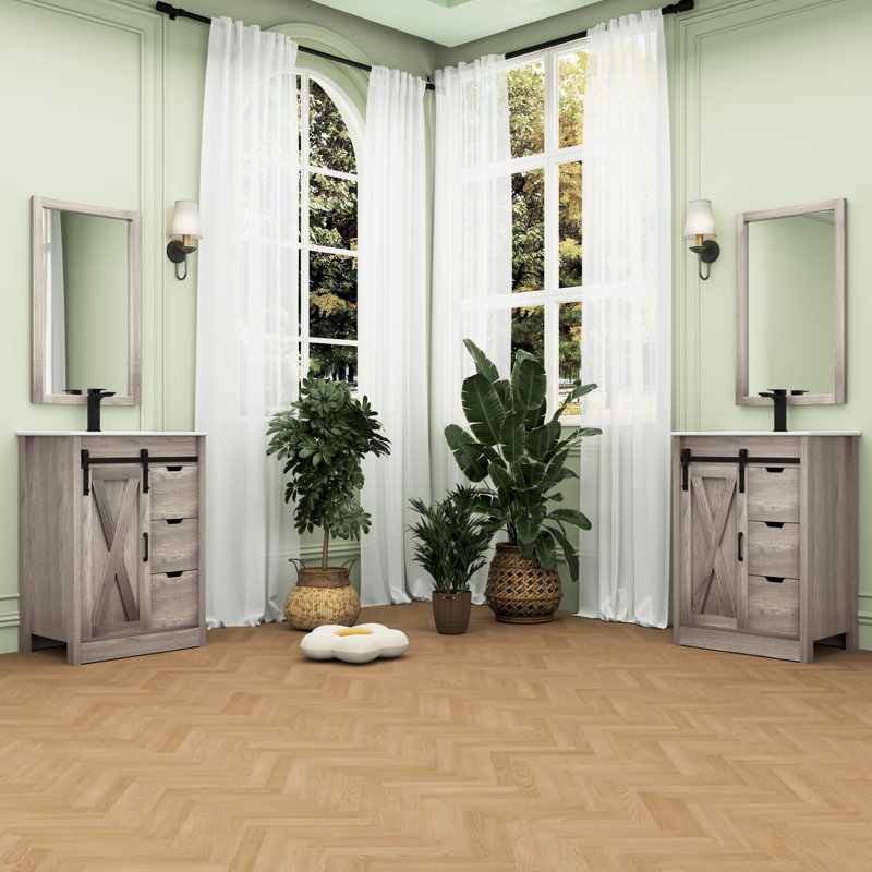 36" Bathroom Vanity With Sink, Faucet, Mirror, Sliding Barn Door, And Drawers, Natural, 24"