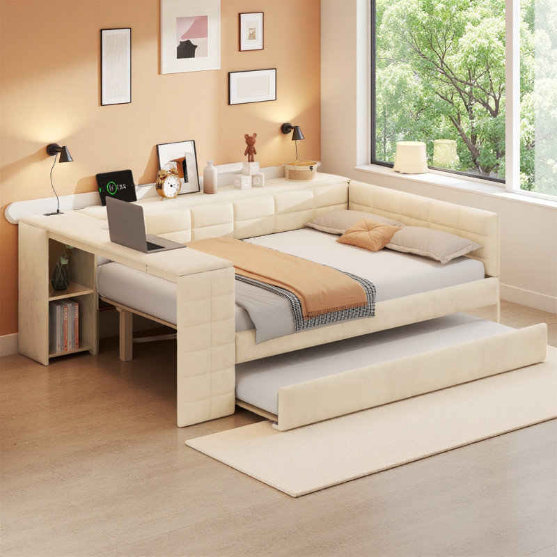 Full Size Upholstered Platform Daybed With Storage Shelves, Desk, Charging Station & Trundle For Ultimate Comfort And Functionality, Beige