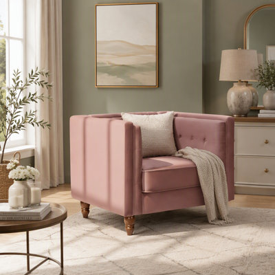 Chaise d'appoint classique Chesterfield, chaise d'appoint à accoudoirs carrés capitonnés avec pieds fuselés en bois, chaise longue rembourrée en velours écrasé