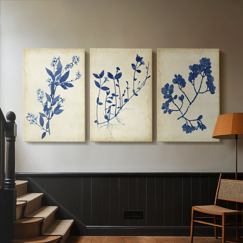 Indigo Leaf Study I - Toile tendue avec châssis sur mesure - 3 pièces, H 48 po x l 96 po