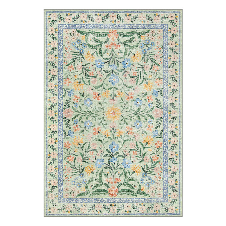 Washable Floral Area Rugs Boho Large Rugs Non-Slip for Bedroom Soft Rubber Backed Carpet