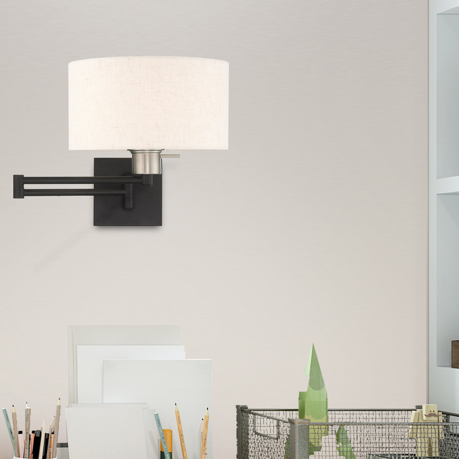 Kevyn Single Light Steel Dimmable Swing Arm Sconce, Black, Oatmeal