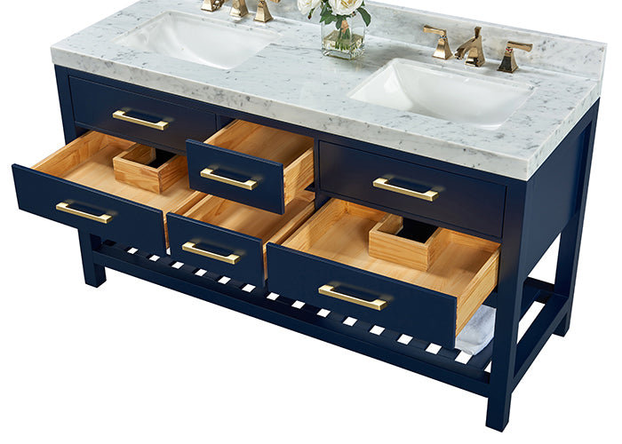 Elizabeth 60 in. Handmade Double Vanity, Heritage Blue/Brushed Gold, Carrara White Marble