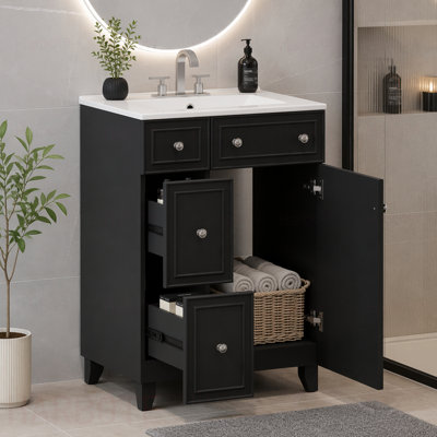Meuble-lavabo de salle de bain avec lavabo en céramique, 2 tiroirs, 1 porte