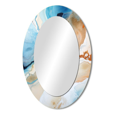 Blue And White Geyser Liquid Ink IV - Blue Modern Oval Wall Mirror