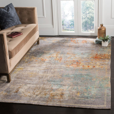 Tapis en soie / laine noué à la main Centennial en brun / bleu / orange