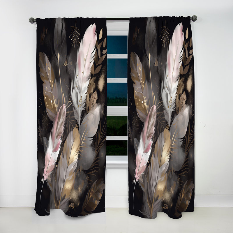 Atley - Pink Feather Boho Majesty III - Glam Feather Curtain - Velvet Room Darkening - 1 panel, 52" W x 95" L