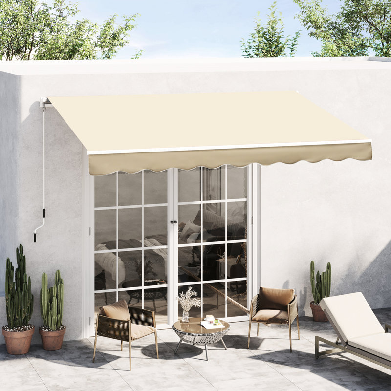 10' X 8' Retractable Patio Awning, Beige Sun Shelter With Manual Crank, & Water- Fabric, Aluminum Frame For Deck, Balcony, Yard, Deck Awning 8', Sunshade Patio, Yard