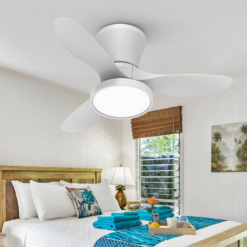 Laurenzo 32-Inch Flush Mount Ceiling Fan with LED Light for Small Rooms, White
