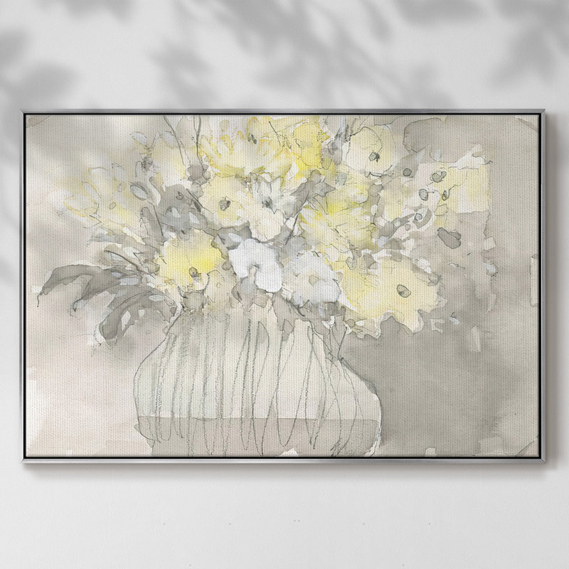 Fleurs rétro I, Toile argentée avec cadre flottant, H 17 po x l 25 po x P 2 po