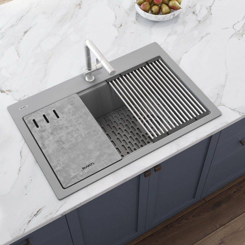 Ruvati 33" L x 22" W Drop-In Kitchen Sink with Accessories, Silver Gray