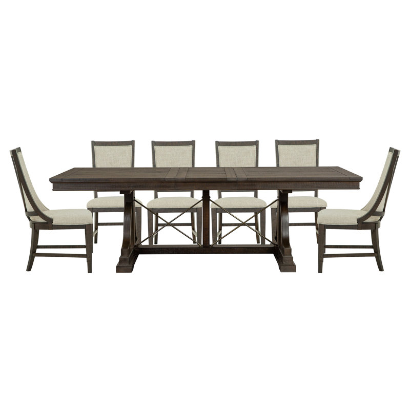 Extendable Trestle Dining Table With 4 Upholstered Side Chairs And 2 Host Chairs, 7 Pieces: Table, 6 Chairs