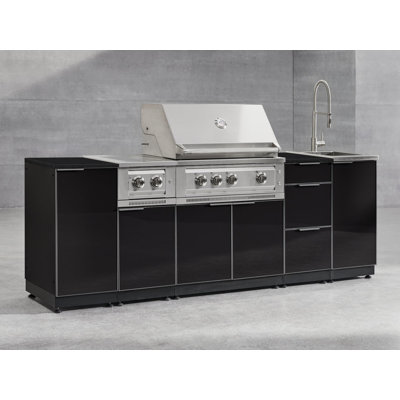Ensemble d'armoires d'extérieur 4 pièces en aluminium gris ardoise avec 1 porte, 1 gril, un barbecue au propane liquide 33 po et un dessus noir Dekton 16 po