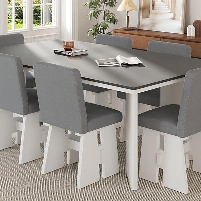 Ensemble de table de salle à manger moderne 7 pièces avec 6 chaises rembourrées, gris foncé et blanc