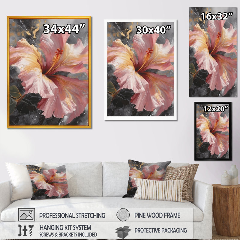 " Orange Red Hibiscus Euphoria ", Gold Picture Framed, 32" H x 24" W x 1" D