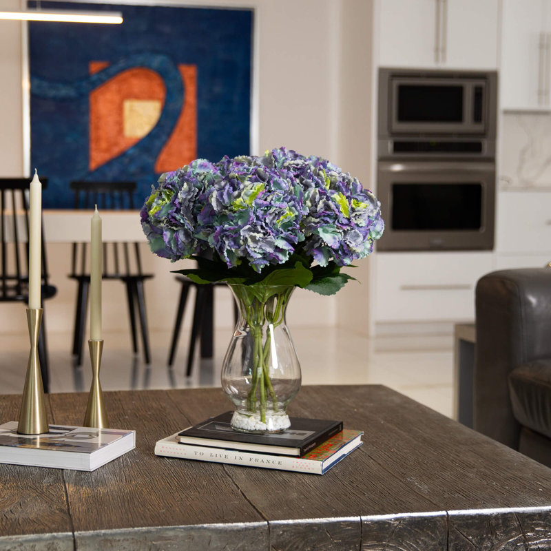 20in. Artificial Hydrangea Arrangement in Glass Vase, Blue