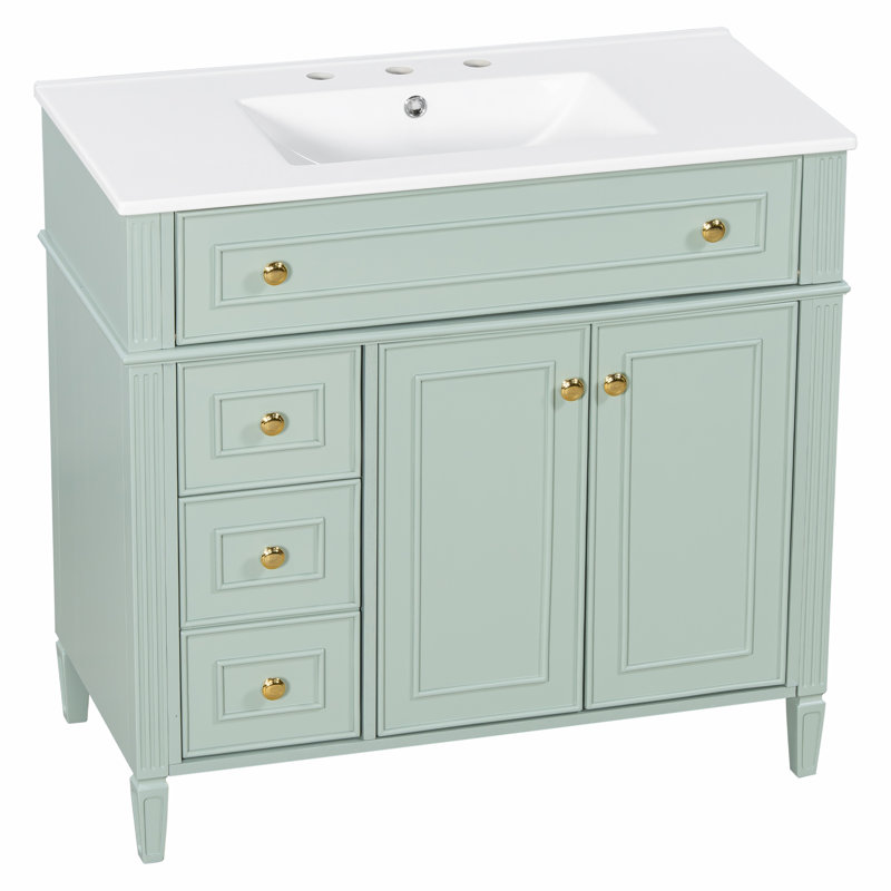 Meuble-lavabo de 36 po avec lavabo, tiroir escamotable, portes et tiroirs à fermeture en douceur, Vert
