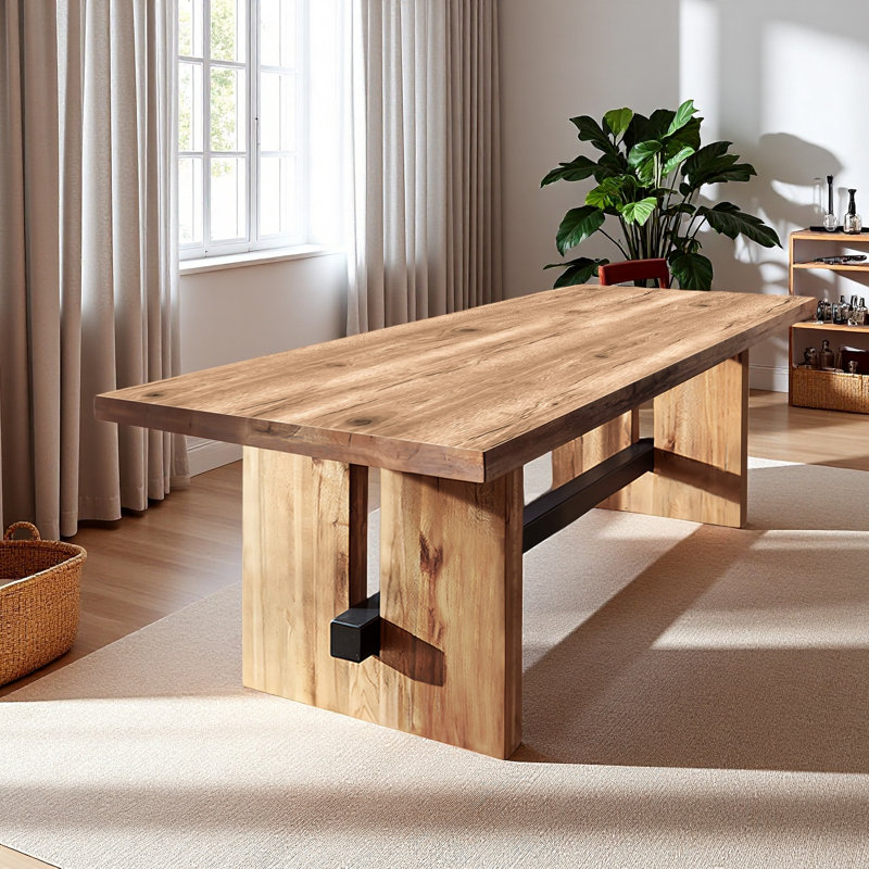 Solid Wood Rectangular Dining Table with Two Pedestals, 29.53'' H X 70.87'' W X 31.5'' D