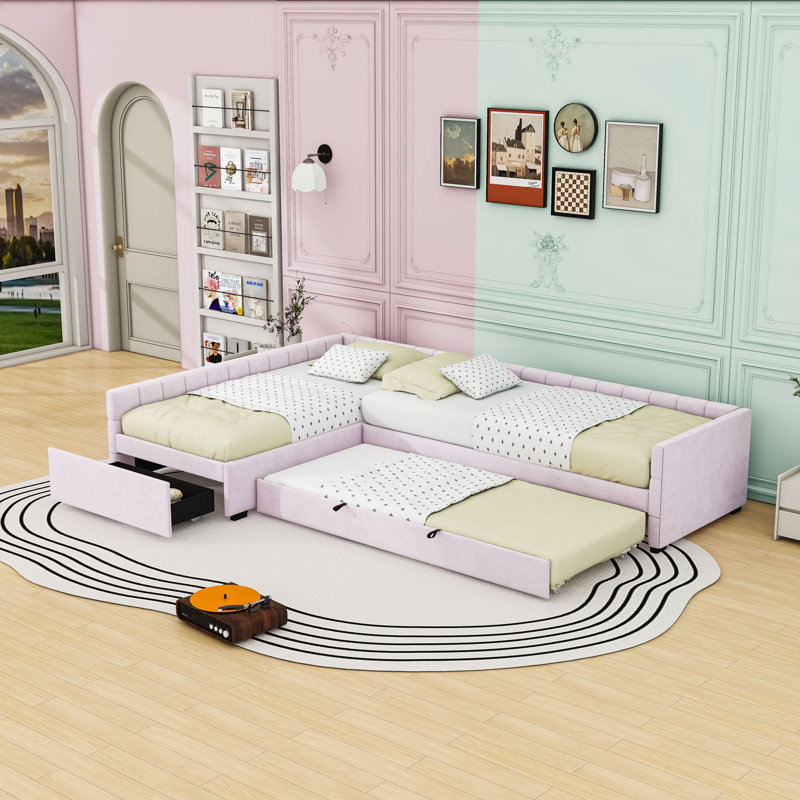 1 Drawer L-Shape Upholstered Twin Daybed with Pull-Out Twin Trundle, Pink