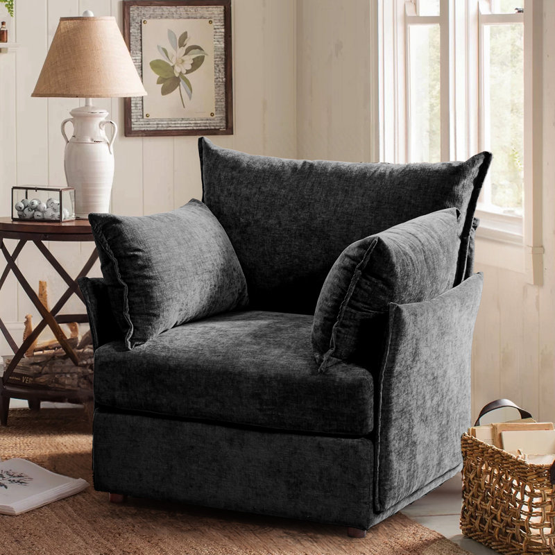 Merchelle 36'' W Oversized Premium Chenille Armchair With Accent Pillow & Removable Cushions, Black Chenille, No