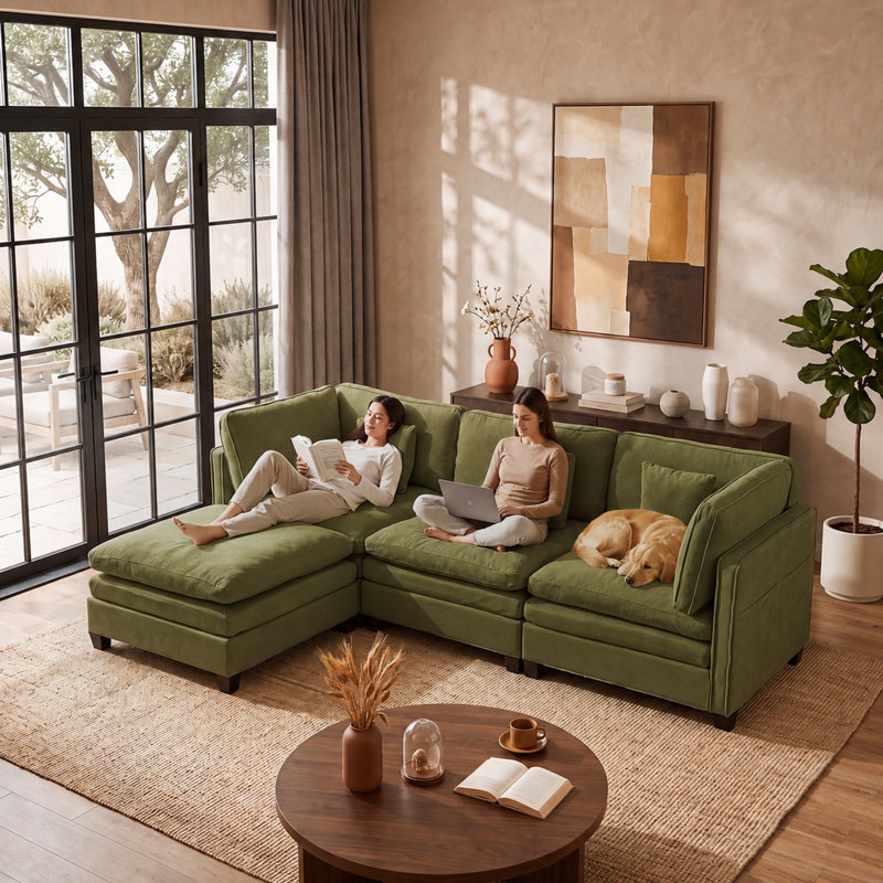 Canapé modulaire en chenille en L de 105 po de largeur avec repose-pieds, support de coussin double couche, canapé rembourré moderne pour le salon