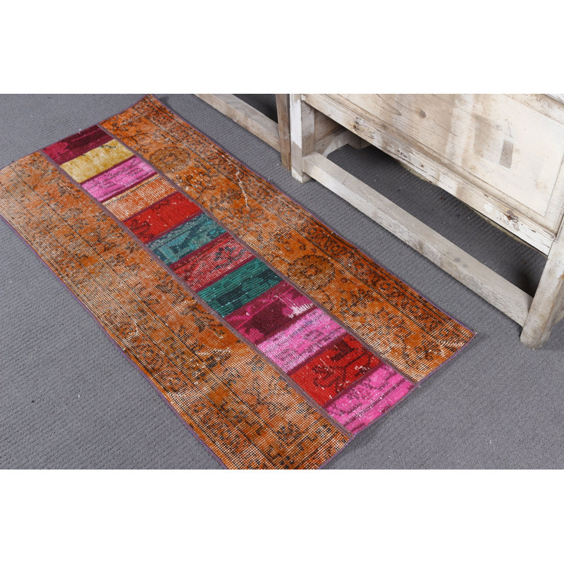 Small Vintage Patchwork Oushak Rug in Orange Overdyed for Entry Handmade Colorful Ethnic Floor Decorative