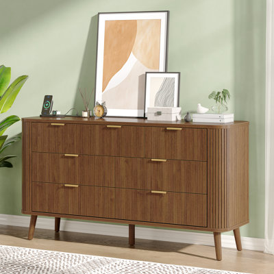 Fluted 7 Drawers Dresser with Charging Station, 57" Wide Mid-Century Wood Chest of Drawers with Curved Profile Design for Bedroom (Natural) by George Oliver