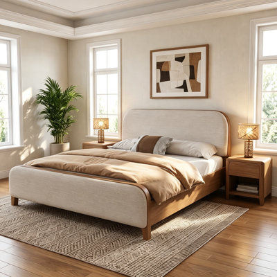 Cadre de lit plateforme Yelton Modern Boucle avec tête et pied de lit arrondis, pieds en pin pour une chambre à l'ambiance feutrée