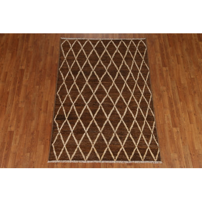 Tapis unique en laine noué à la main brun / blanc nouvel âge 4 pi 9 po x 6 pi 7 po