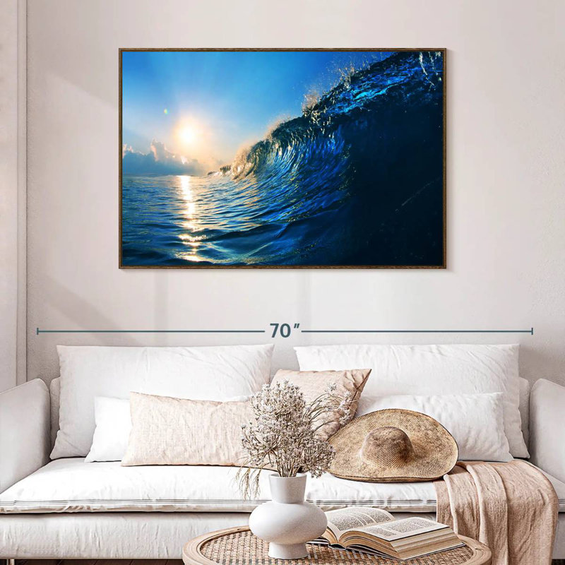 Blue Ocean Wave, 46 po x 31 po, Cadre flottant noyer