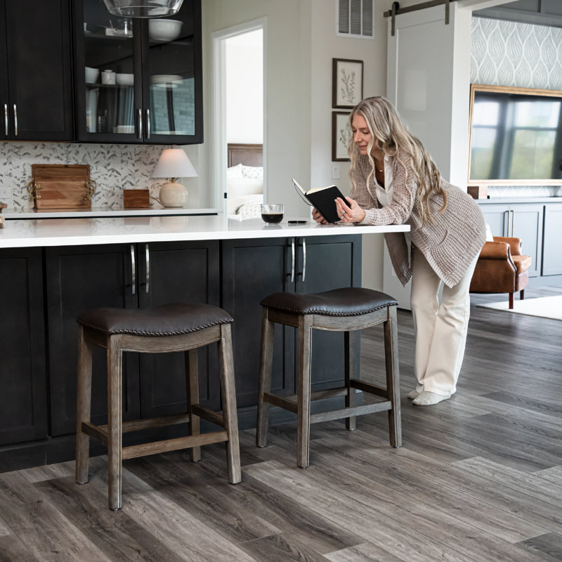 Maven Lane Adrien Backless Saddle Stool with Faux Leather Upholstery, Counter Stool (26" Seat Height), Marksman Saddle/Walnut