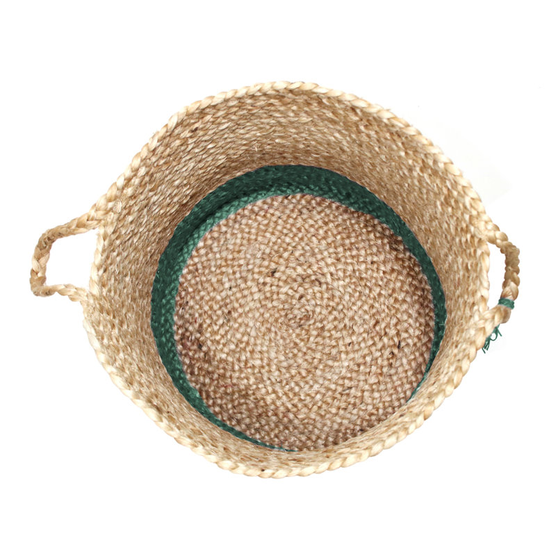 Handmade Round Natural Jute Storage Basket with Green Stripe