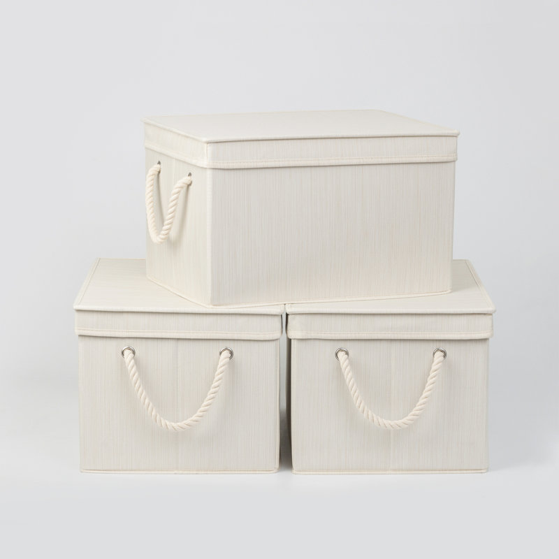 3 Piece Fabric Box Set with Lids and Handles, White, 10.4" H x 12.8" W x 17.1" D