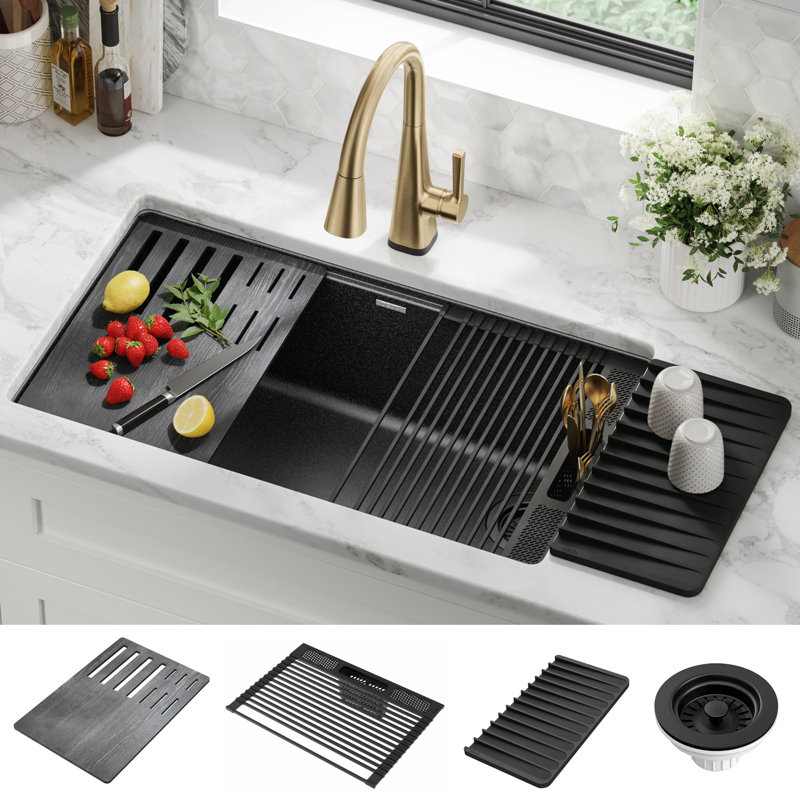 Metallic Black Granite Composite Single Bowl Workstation Sink with Drainboard