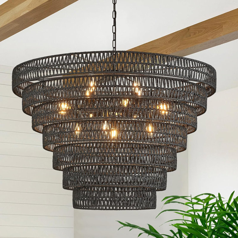 Hand-Woven Rattan Chandelier With 15 Lights - Vintage Boho Farmhouse Style Drum Wicker Light Fixture For Dining Room, Living Room, Kitchen - Adjustable Height, E12 Base
