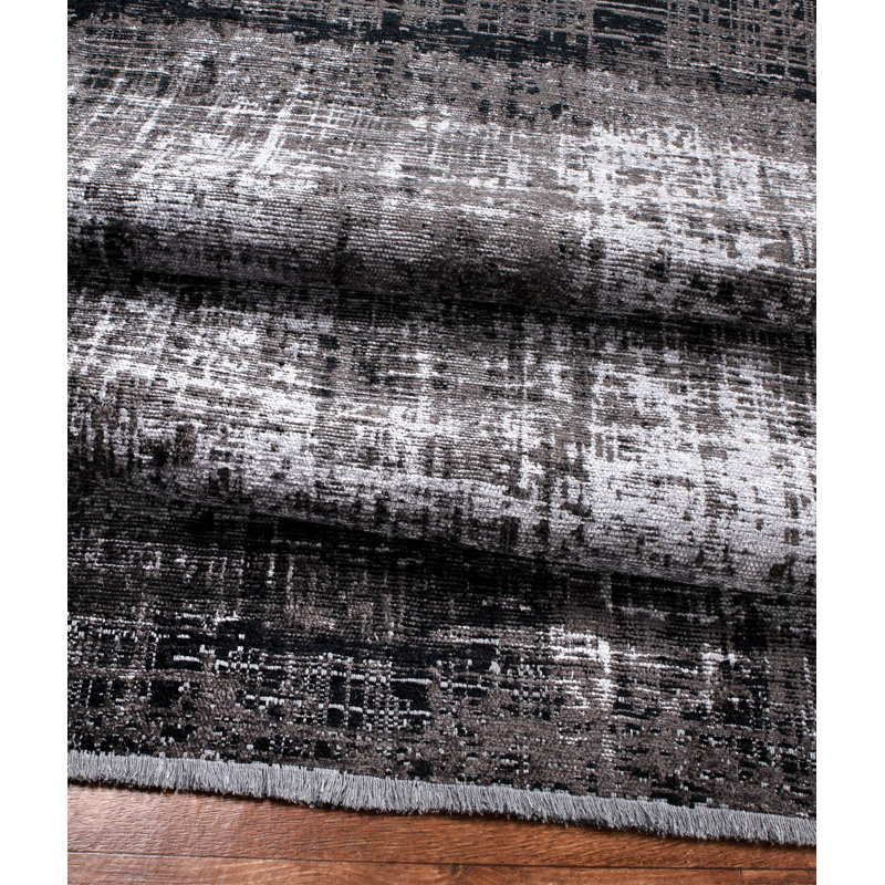 Tapis gris / ivoire en polyester tissé à la machine Ridgeland, Rectangle 6 pi 3 po x 9 pi 6 po