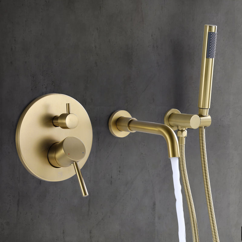 Solid Brass Wall Mounted Tub Filler Faucet with Handheld Shower, 2 Handle Modern Bathtub Faucet Set, Brushed Gold