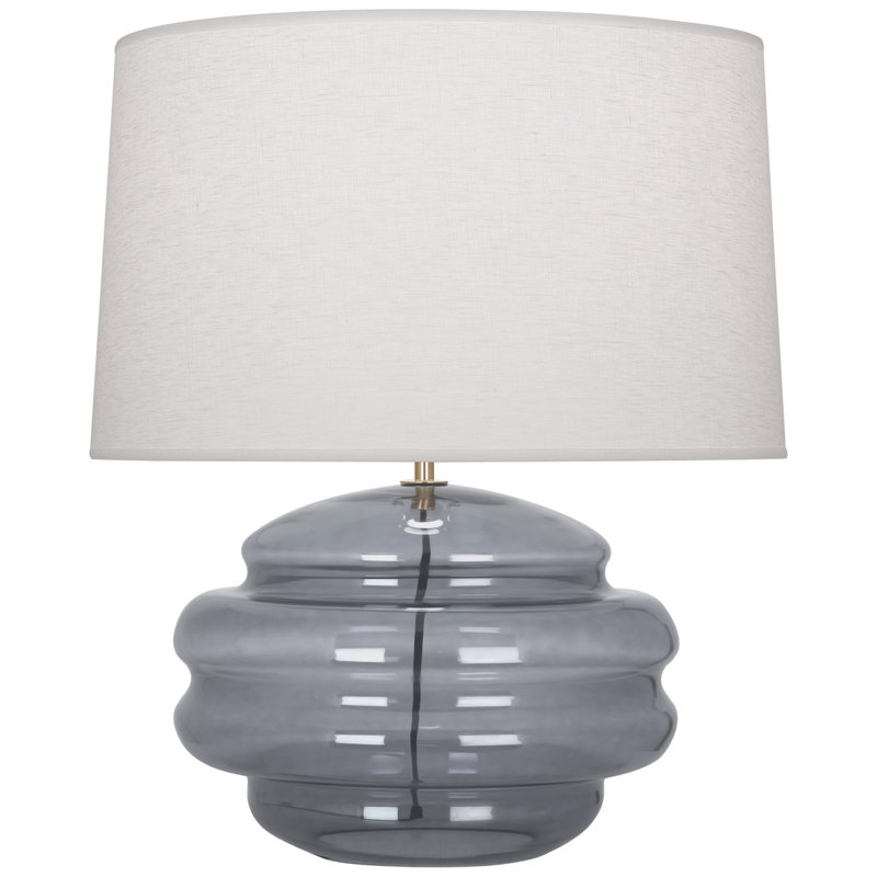 Modern Beehive Glass Table Lamp With Brass Finish - Sculptural Design, Adjustable Brightness, And Oyster Linen Shade, Gray