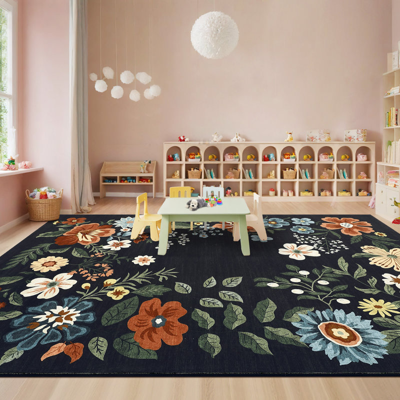 6'x9' Floral Wreath Area Rug, Washable Non Slip Non Shedding Low Pile Stain Resistant Foldable Soft Carpet for Entryway Kitchen Bathroom Black